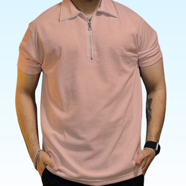 Texture Zipped Polo Color T-shirts - Image 2